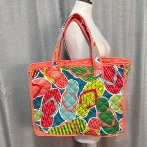 Like New Quilted Cloth Tote-Fun Flip Flop Print-Coral Pink Accents-Open Top